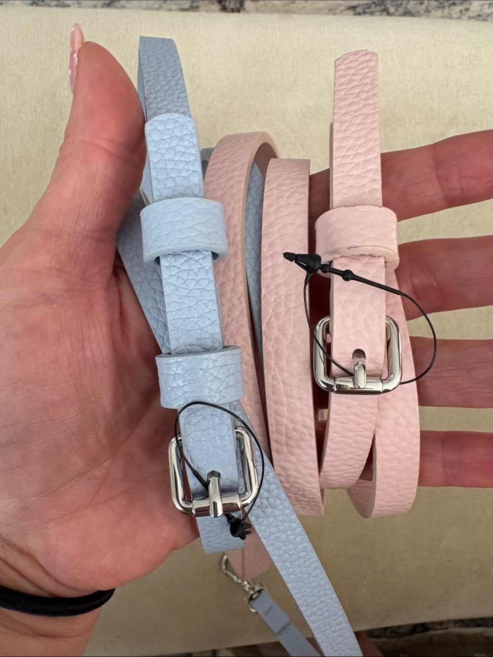 Bandolier Leather Crossbody Straps in Pink and Light Blue